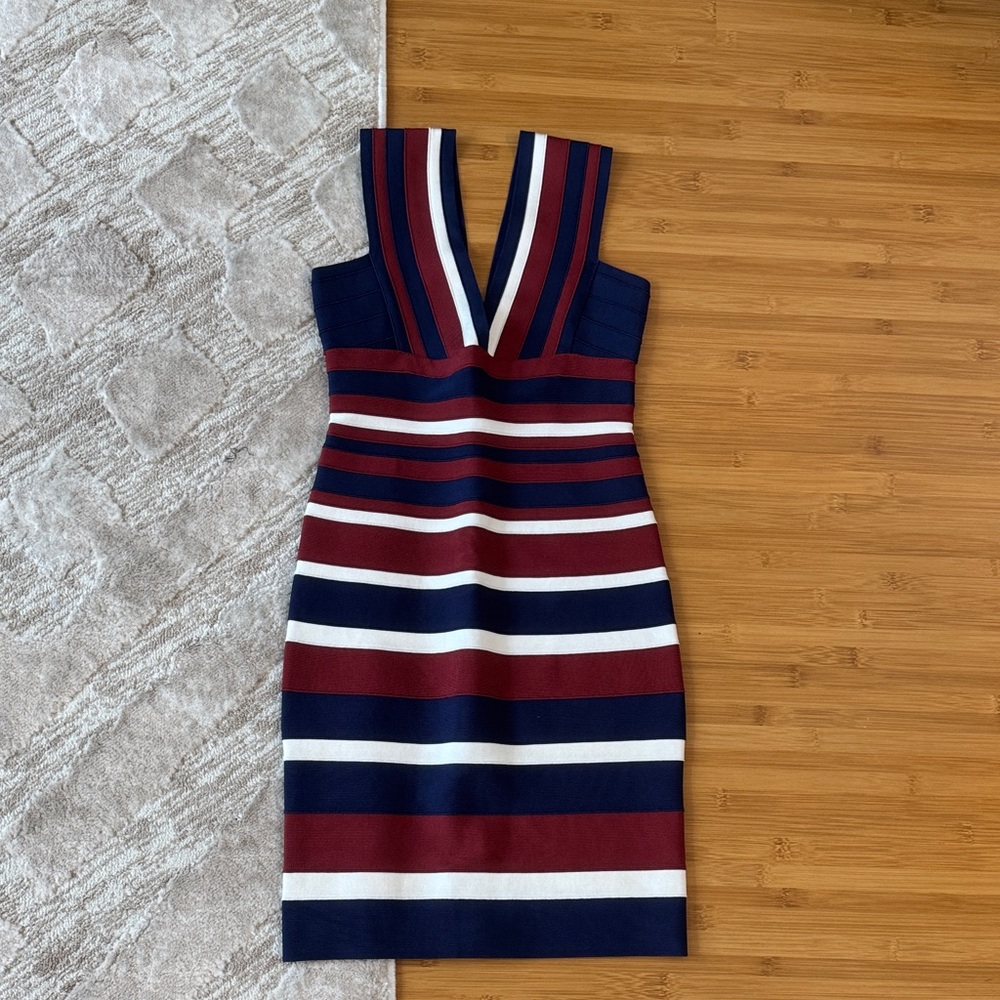 Herve Leger Navy and Burgundy Striped Midi Dress